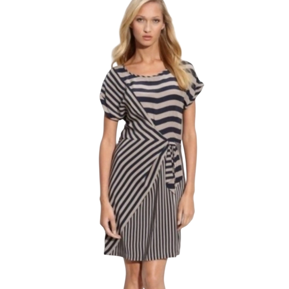 BCBG Max Azaria Taupe & Black Striped Silk Dress Size‎ XS